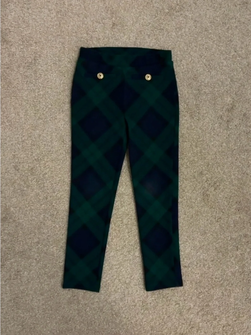Girls Gymboree Green and Navy Plaid Stretch Pant with Gold Button Detail Size 5T